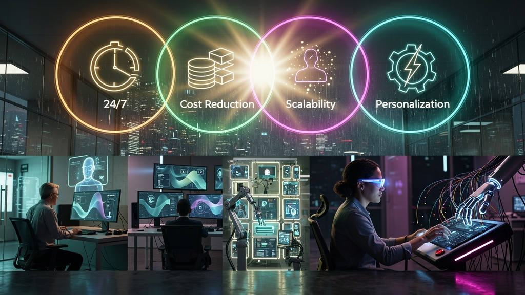 Chatbots e automação: a revolução no atendimento ao cliente — Um infográfico dividido em duas partes para facilitar a visualização em formato de carrossel. Parte superior: Um diagrama de Venn mostrand