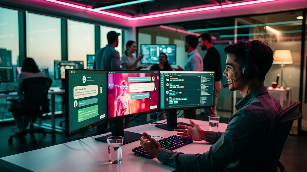 Chatbots e Automação: A Revolução no Atendimento ao Cliente — Uma visão panorâmica de um escritório movimentado. Em primeiro plano, um agente de atendimento ao cliente sorrindo, usando um headset e in