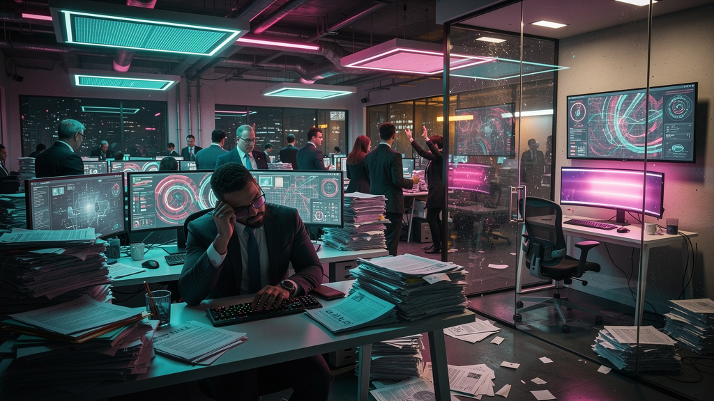 Chatbots e Automação: Como Impulsionar sua Empresa — Um escritório movimentado com funcionários sobrecarregados, pilhas de papéis e telas piscando. Um funcionário parece exausto, segurando a cabeça. N