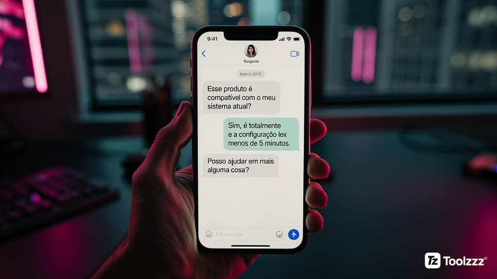 Chatbots e Automação de Atendimento: A Revolução da IA nas Empresas — Um close-up de um smartphone exibindo uma conversa de chatbot em um aplicativo de mensagens. O chatbot responde a perguntas sobre 