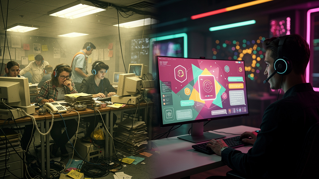 Chatbots e Automação de Atendimento: Guia Completo — Um call center vintage dos anos 80, com vários atendentes sobrecarregados e telefones tocando sem parar, contraste com um único atendente moderno u