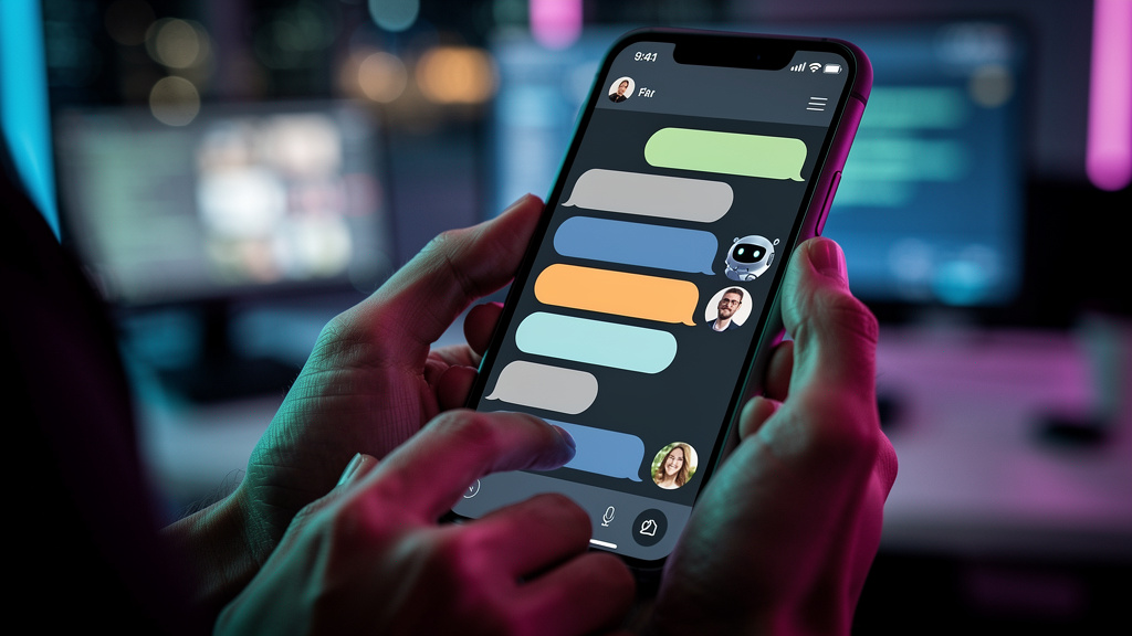 Chatbots e Automação de Atendimento: Guia Completo para Empresas — Um close-up das mãos de um cliente digitando uma mensagem no WhatsApp, com um chatbot da Toolzz respondendo instantaneamente. Foco na
