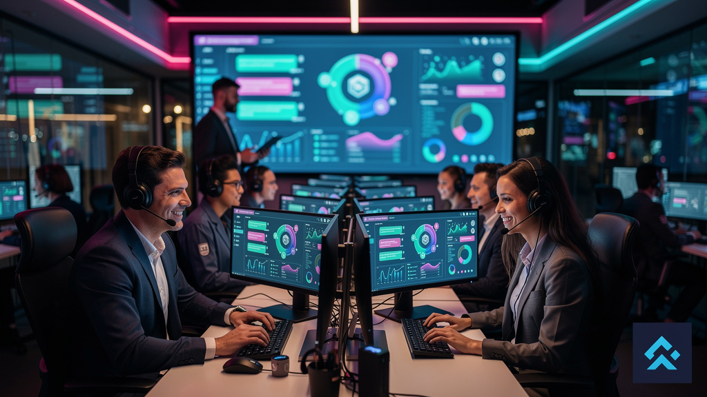 Chatbots e Automação de Atendimento: Guia Prático para Empresas — Um call center movimentado, com agentes sorrindo e usando headsets. Em algumas telas, vislumbra-se a interface da Toolzz Bots, com grá