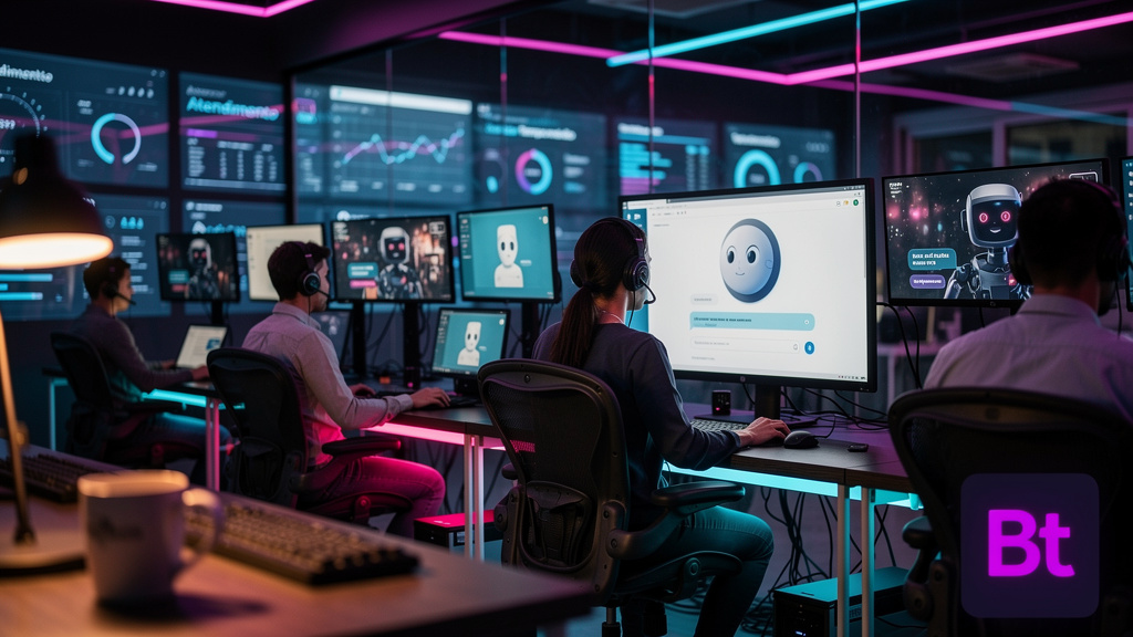 Chatbots e Automação de Atendimento: Guia Prático para sua Empresa — Um call center movimentado, mas com um detalhe peculiar: alguns dos atendentes são representados por avatares amigáveis de chatbots
