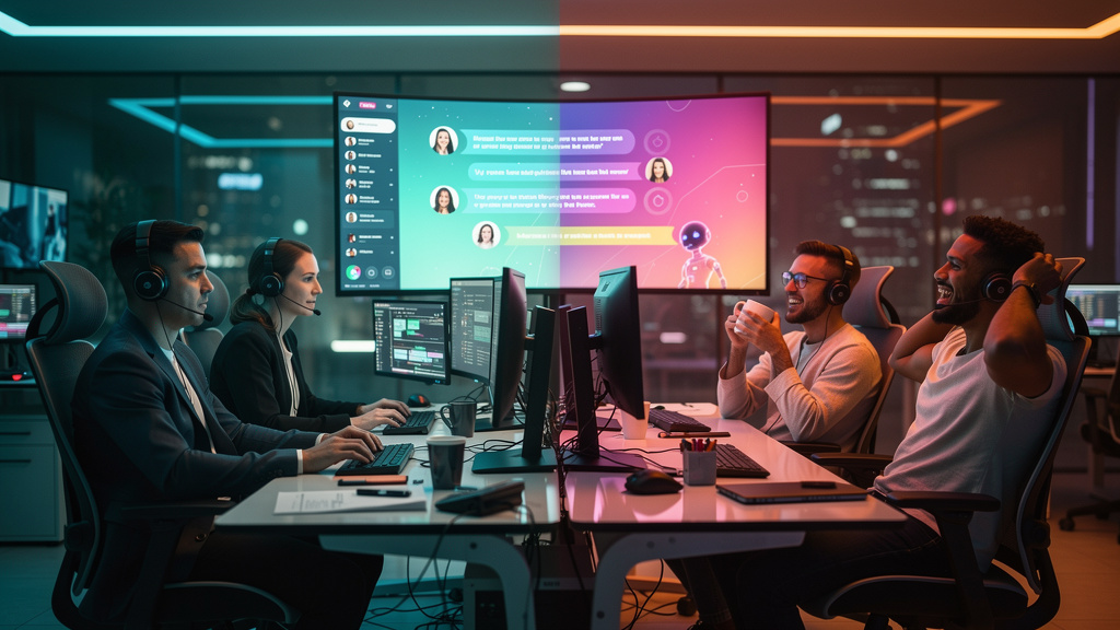 Chatbots e Automação de Atendimento: O Futuro é Conversacional — Um time de atendimento ao cliente, metade usando headsets e atendendo chamadas, enquanto a outra metade relaxa e toma café, com a tela 