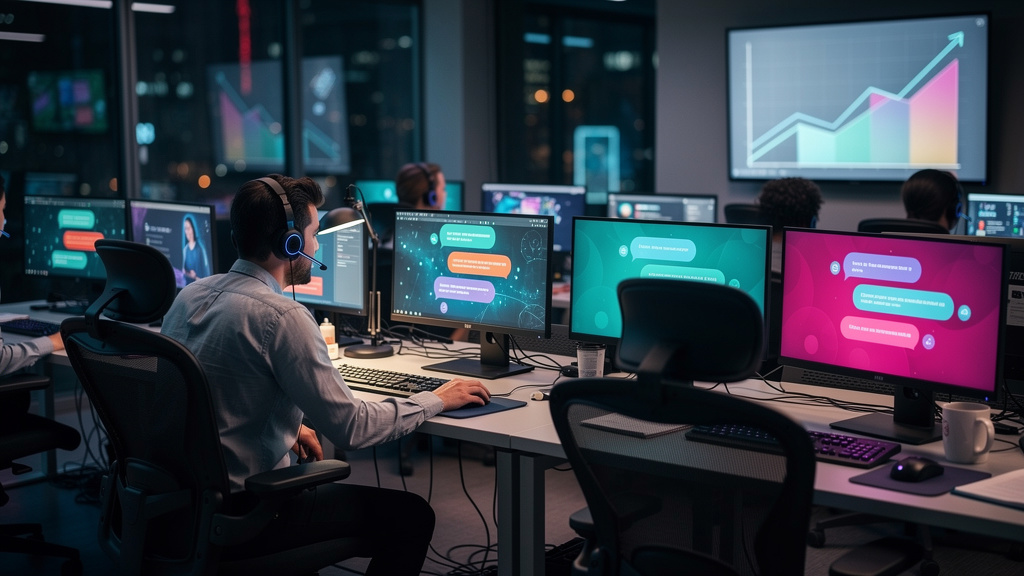 Chatbots e Automação de Atendimento: O Guia Completo para 2024 — Um call center movimentado com diversos atendentes, alguns usando headsets e outros substituídos por telas mostrando interfaces de chat
