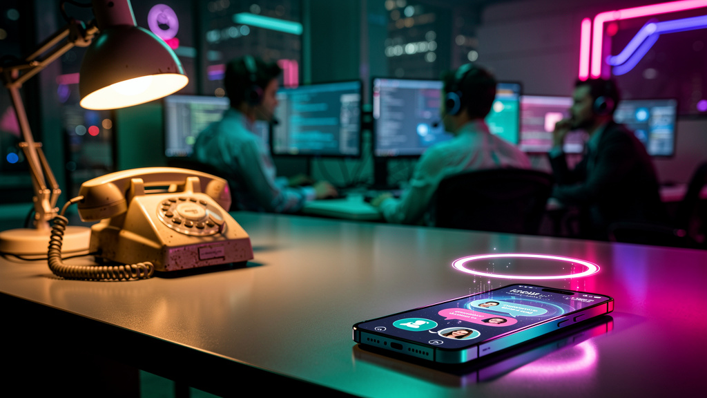 Chatbots e Automação de Atendimento: O Guia Completo para Empresas — Uma linha do tempo visual que mostra a evolução do atendimento ao cliente, começando com um telefone fixo antigo, passando por um c