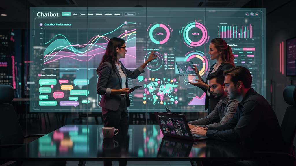 Chatbots e Automação: Guia Completo para Empresas — Um time de especialistas em atendimento ao cliente reunidos em frente a um grande painel interativo que exibe dados de performance de chatbots em te