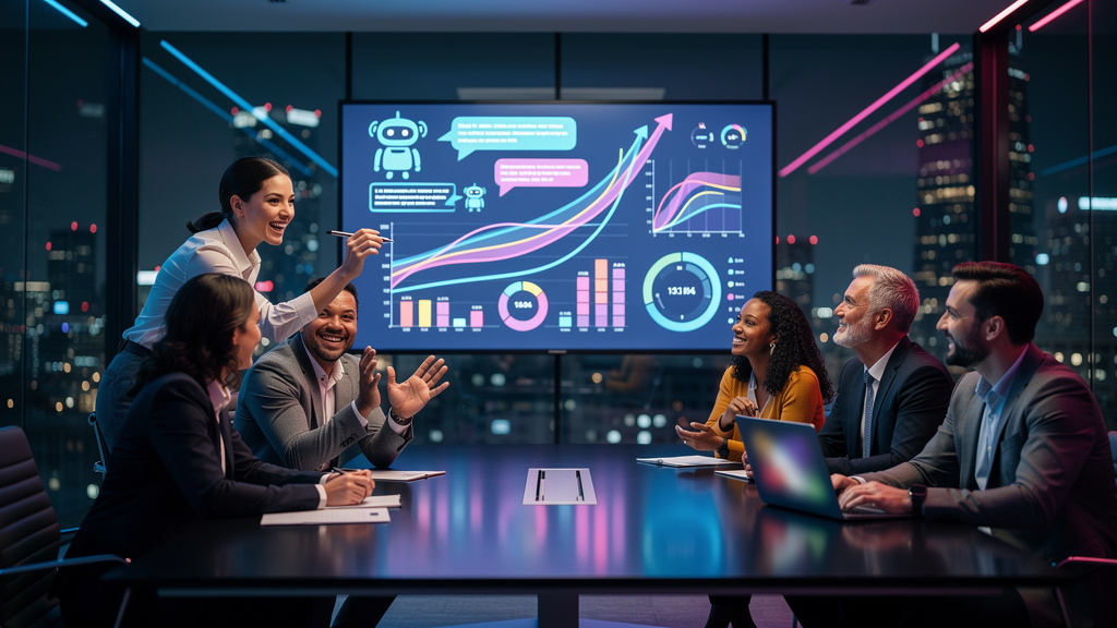 Chatbots e Automação: Guia Completo para Empresas — Um time diverso de funcionários de uma empresa, reunidos em uma sala de conferência moderna e iluminada. Eles estão olhando para uma tela grande que