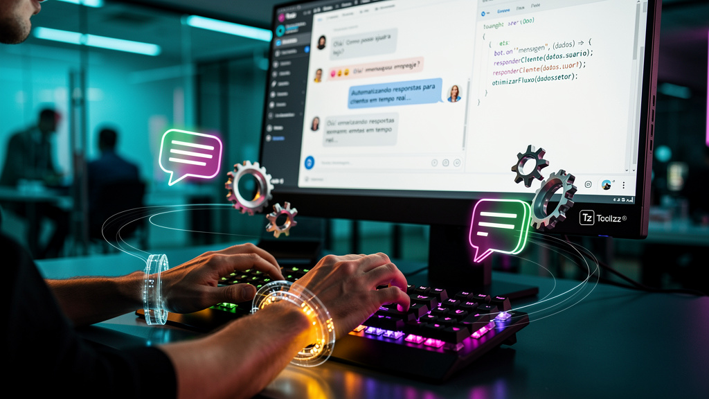Chatbots e Automação: Guia Prático para Empresas — Um close-up de mãos digitando em um teclado, com projeções holográficas de ícones de chatbot e engrenagens flutuando ao redor. A tela do computador m