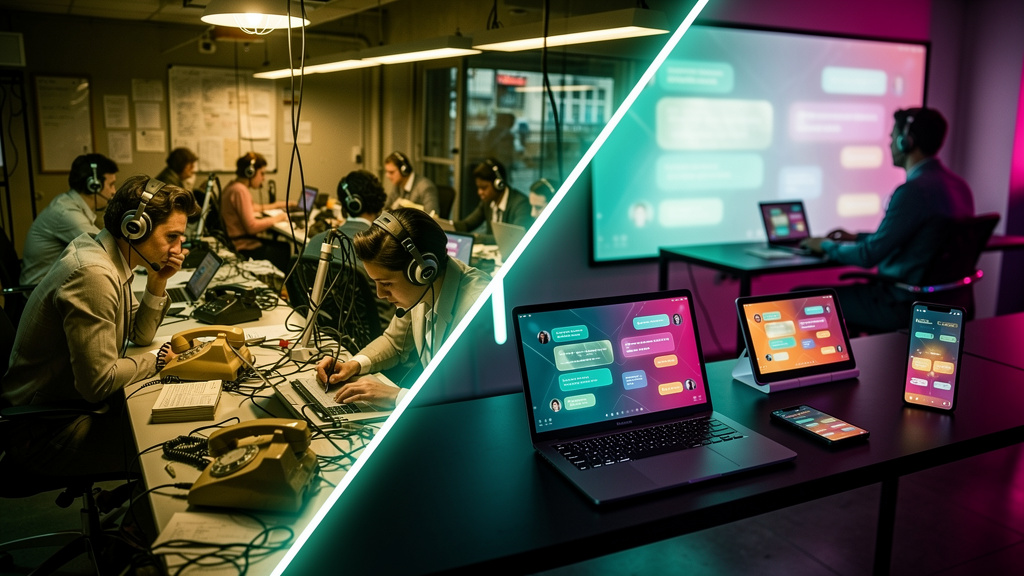 Chatbots e automação: impulsionando a inovação empresarial — Uma colagem digital mostrando a evolução do atendimento ao cliente: à esquerda, uma antiga central telefônica com operadores sobrecarregado