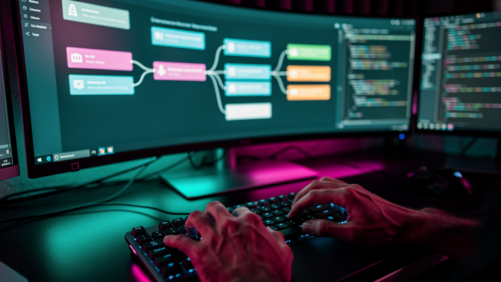 Chatbots e Automação: O Guia Completo para Empresas — Um close-up detalhado das mãos de um desenvolvedor digitando código em um monitor curvo ultra-wide. Na tela, um chatbot está sendo construído visu
