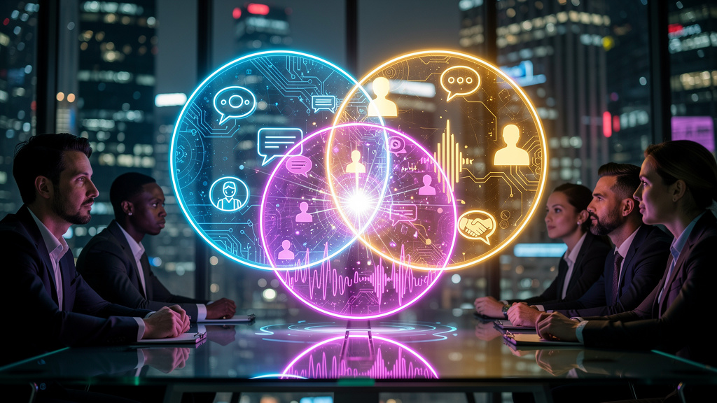 Chatbots e Automação: O Guia Completo para Empresas — Um diagrama de Venn com três círculos sobrepostos representando 'Inteligência Artificial', 'Processamento de Linguagem Natural' e 'Interação Human