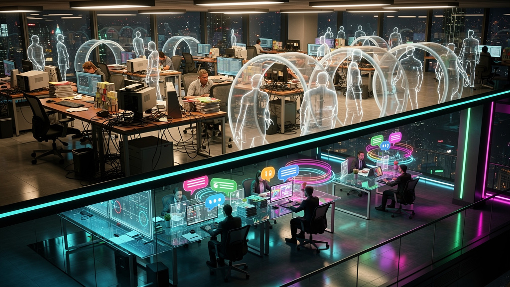 Chatbots e Automação: O Guia Completo para Empresas — Um diagrama infográfico dividido em duas seções: Na parte superior, um gráfico de barras comparando o tempo de resposta do atendimento ao cliente 