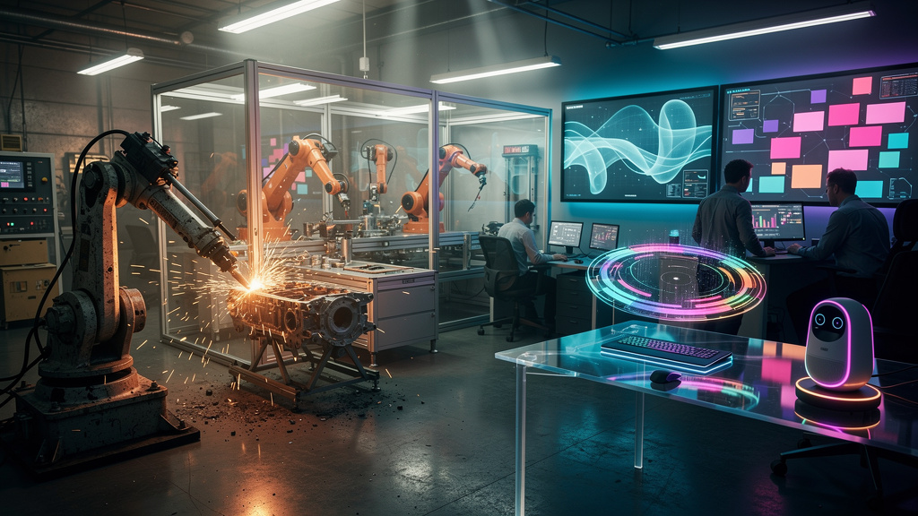 Chatbots e Automação: O Guia Completo para Empresas em 2026 — Ilustração de uma linha do tempo mostrando a evolução da automação, desde os primeiros robôs industriais até os chatbots de IA modernos. D