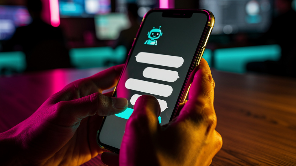 Chatbots e Automação: O Guia Completo para Empresas Modernas — Um close-up das mãos de um cliente digitando em um smartphone, com uma janela de chat aberta mostrando uma conversa amigável com um chatb