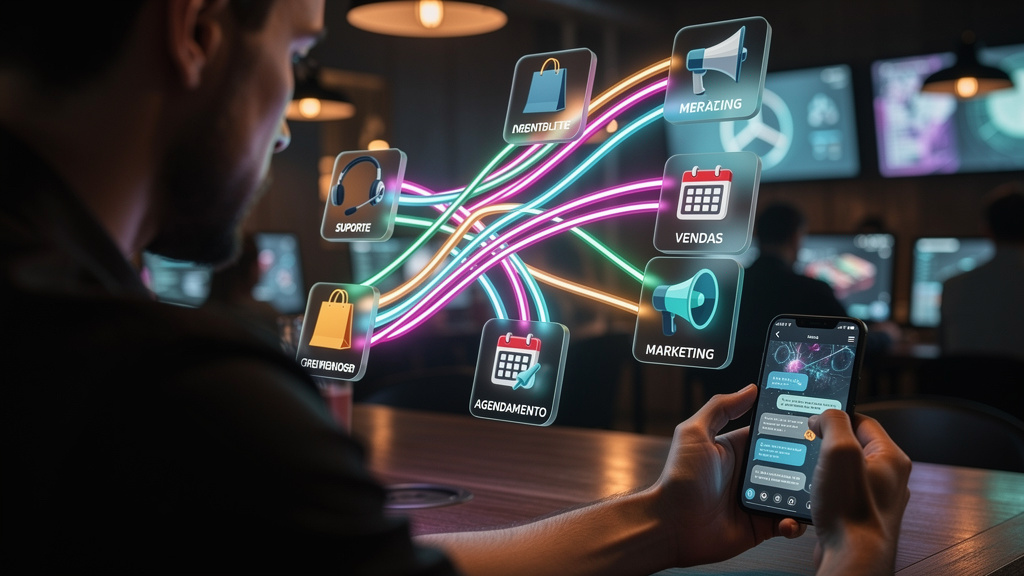 Chatbots e Automação: Revolucionando o Atendimento ao Cliente em 2024 — Um diagrama de fluxo mostrando um cliente interagindo com um chatbot em um aplicativo de mensagens. O fluxo se divide em múltipl