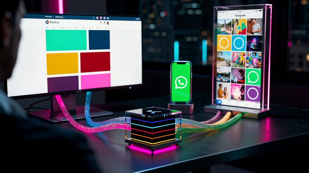 Chatbots e automação: revolucione seu atendimento com Toolzz Bots — Um diagrama visual que mostra a integração da Toolzz Bots em diferentes canais de comunicação: um website, um aplicativo de mensagen