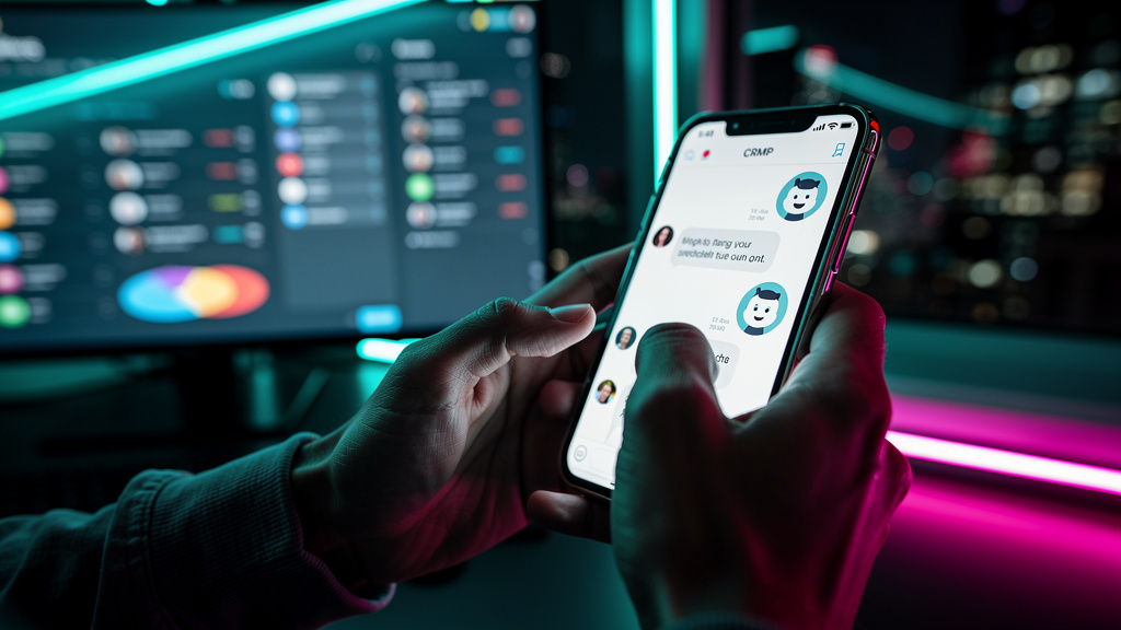 Chatbots e CRM: A Revolução no Atendimento ao Cliente — Um close-up nas mãos de uma pessoa digitando em um smartphone, com uma janela de chat aberta mostrando uma conversa amigável com um chatbot. O l