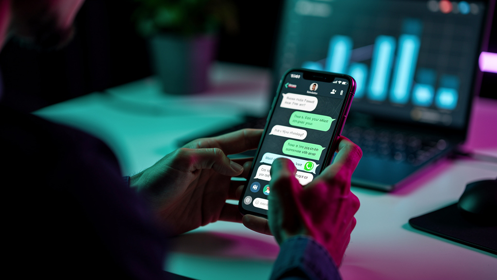 Chatbots e CRM: Otimize o Atendimento e Aumente as Vendas — Um cliente digitando em seu smartphone, com uma janela de chat do WhatsApp aberta exibindo uma conversa com um chatbot que o ajuda a resolve