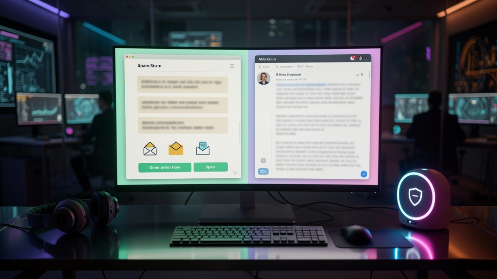 Chatbots e IA: como a automação no atendimento impacta a segurança — Um antes e depois lado a lado: à esquerda, um e-mail de spam antigo com erros de gramática e design amador; à direita, um e-mail de