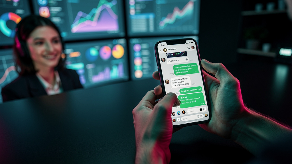 Chatbots no WhatsApp, Instagram e CRM: Guia Completo — Um close-up das mãos de um cliente interagindo com um chatbot em um smartphone. O chatbot está respondendo a uma pergunta sobre um produto, com o