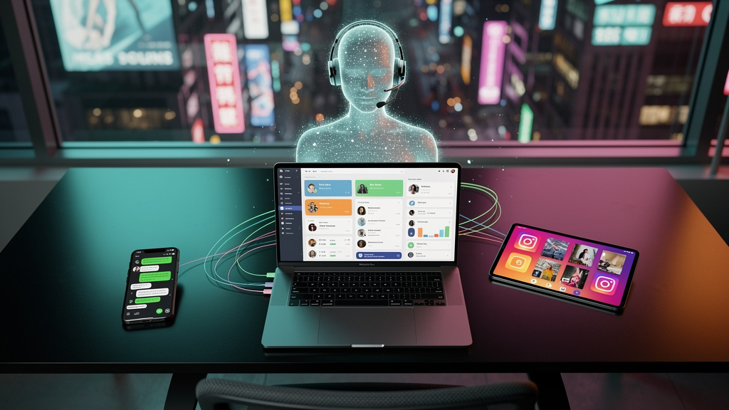 Chatbots no WhatsApp, Instagram e CRM: Guia Completo — Uma ilustração vetorial vibrante mostrando um chatbot em forma de assistente virtual amigável, com fones de ouvido, interagindo com três ícones r