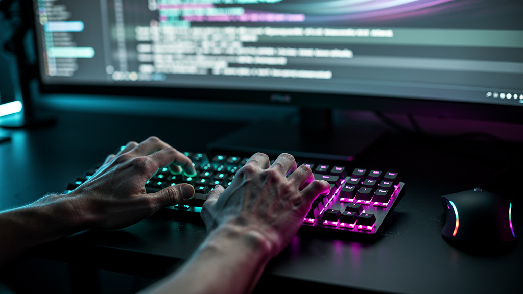 ChatGPT: Como Criar Conteúdo Incrível em Minutos — Close-up de mãos digitando rapidamente em um teclado moderno, com um efeito visual sutil que sugere a velocidade e eficiência da IA. No canto inferio