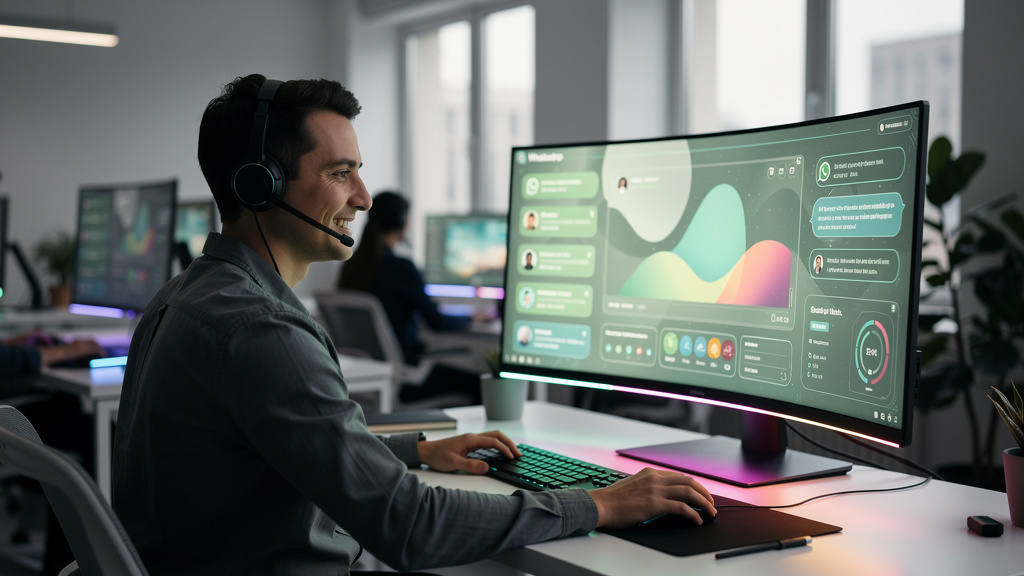 ChatGPT de Volta ao WhatsApp: Como Agentes de IA Transformam Empresas — Um atendente de suporte ao cliente, com headset, sorri enquanto observa um painel de controle que exibe métricas de atendimento 