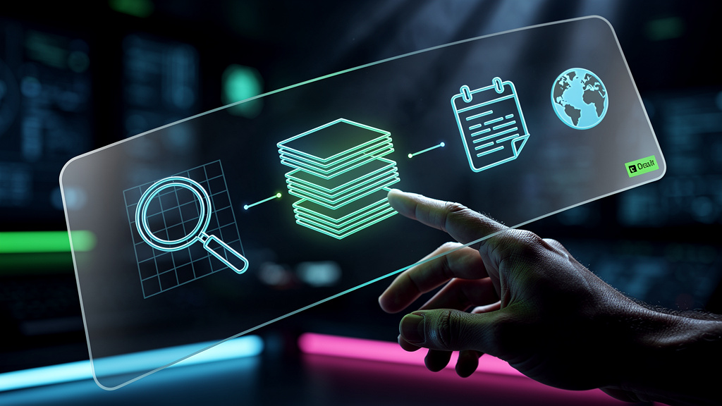 ChatGPT e SEO: Escale Conteúdo para 100+ Posts/Mês com IA — Um close-up estilizado de uma mão humana interagindo com uma interface holográfica que exibe o logo da Toolzz. A interface mostra um fluxo d