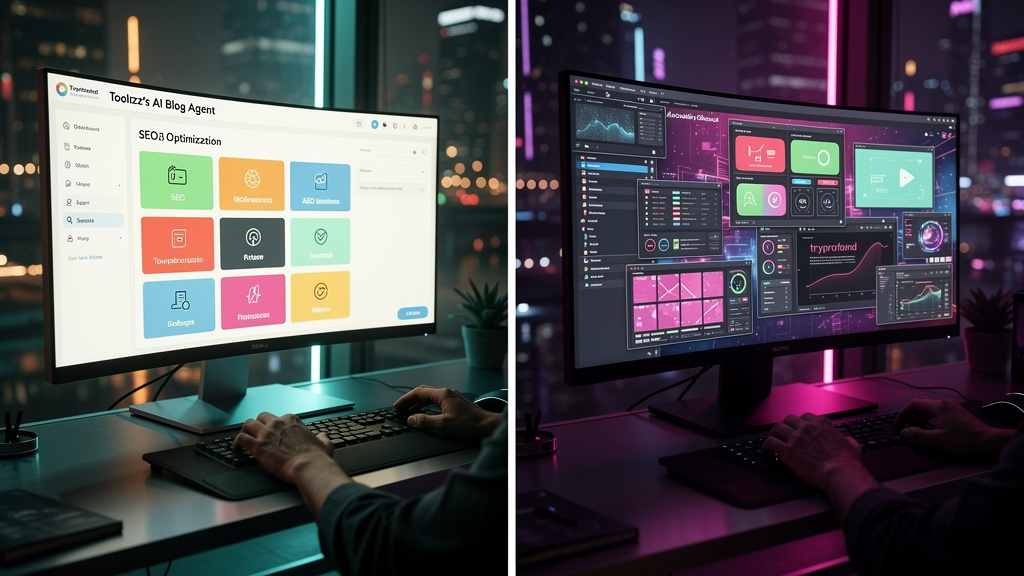 ChatGPT para Empresas: Como Criar Conteúdo que Converte — Split-screen image comparing the user interface of Toolzz's AI Blog Agent and tryprofound.com. On the Toolzz side, the interface is clean, mod