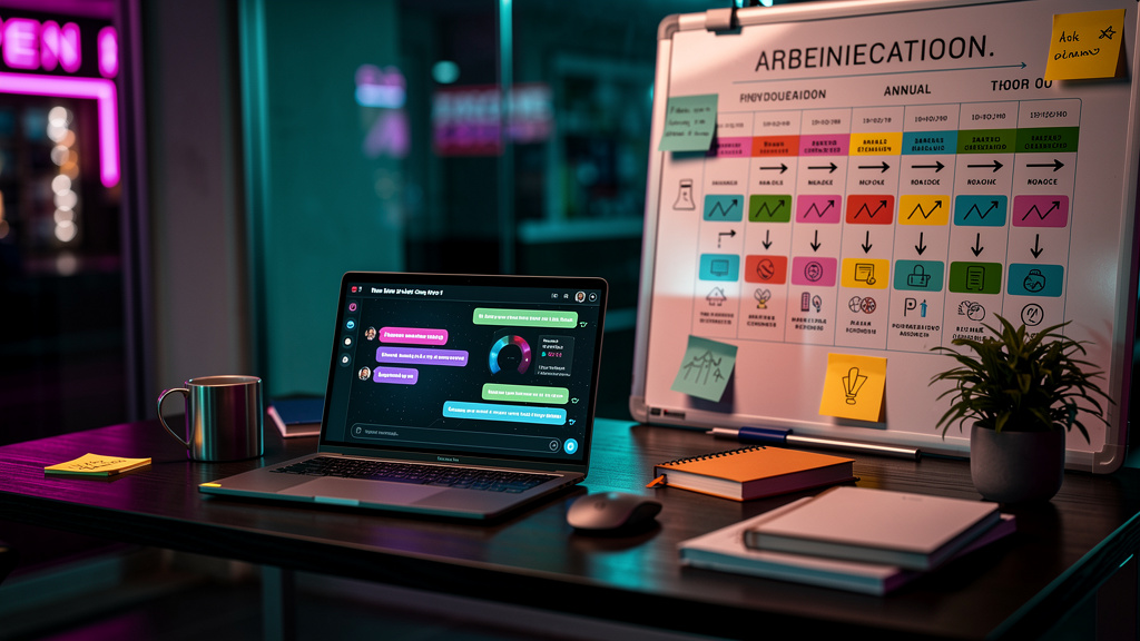 ChatGPT para Pequenos Negócios: Planeje e Escale sua Operação — Uma mesa de escritório organizada com um notebook aberto mostrando uma conversa no ChatGPT sobre planejamento de negócios. Ao lado, um q