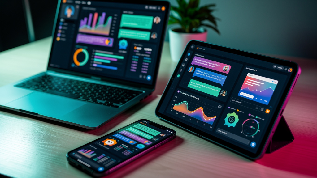 ChatGPT para resolver a visibilidade online em 2026 — Close-up de várias telas de dispositivos (laptop, tablet, smartphone) exibindo diferentes interfaces de chatbots e ferramentas de IA analisando co