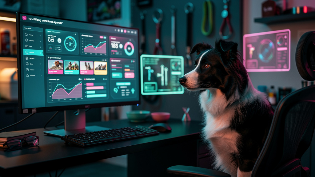 ChatGPT Search: Conteúdo para Pet Shops e Veterinárias — Uma tela de computador exibindo o painel de controle do Agente Blog da Toolzz, mostrando a criação de um artigo otimizado para AEO. Ao lado, um