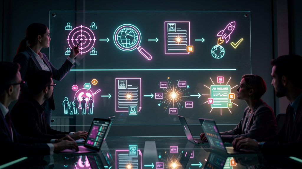 ChatGPT Search: Guia para Indústrias B2B Dominarem o Google e LLMs — Um diagrama de fluxo ilustrando o processo de otimização de conteúdo para LLMs e Google, com o logo da Toolzz proeminente em cada e