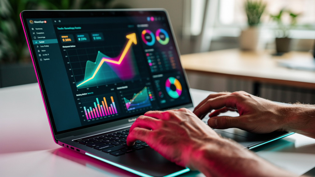 ChatGPT Search SEO: Como Coaches e Consultores Dominam a Busca — Um close-up das mãos de um consultor digitando em um laptop. A tela do laptop exibe linhas de código e dados complexos, mas também most