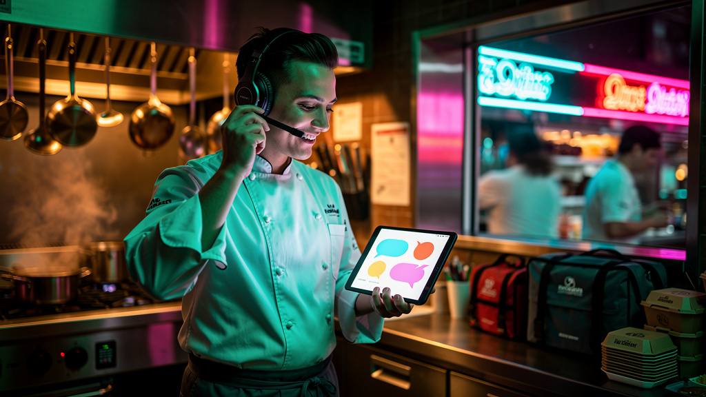 ChatGPT Search SEO: Como Restaurantes e Delivery se Destacam — Um chef de cozinha sorrindo, ajustando o microfone de um headset enquanto interage com o ChatGPT em um tablet. No fundo, a cozinha do res