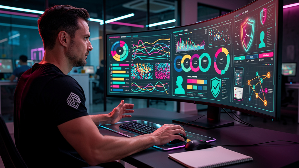 ChatGPT Search SEO: Domine a Busca por IA — Um especialista em SEO, vestindo camisa da Toolzz, analisa um painel de controle complexo com métricas e dados de desempenho de conteúdo para LLMs. O painel