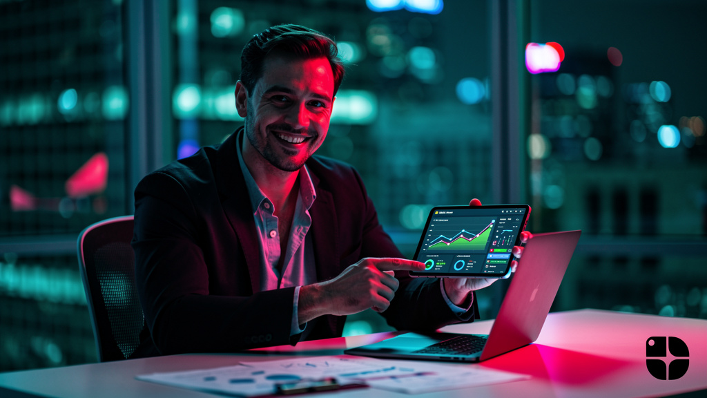 ChatGPT Search SEO: Domine o Google com a Toolzz — Um contador moderno em seu escritório, utilizando um tablet com o Agente AI de Blog da Toolzz aberto. O contador está sorrindo e apontando para um gr