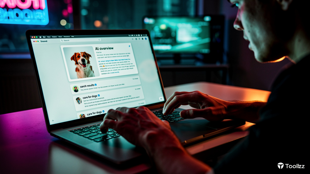 ChatGPT Search SEO: Domine o Google com Blog IA — Um usuário digitando freneticamente em um laptop. A tela do laptop exibe resultados de busca do Google com um 'AI Overview' proeminente sobre cuidados