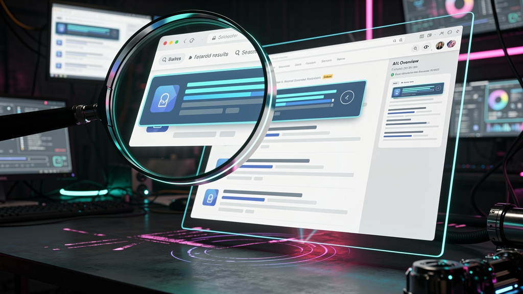 ChatGPT Search SEO: Domine o Google com Blog IA — Uma lupa gigante pairando sobre a página de resultados do Google (SERP). A lupa destaca um 'featured snippet' e um 'AI Overview' com o logo da Toolzz 