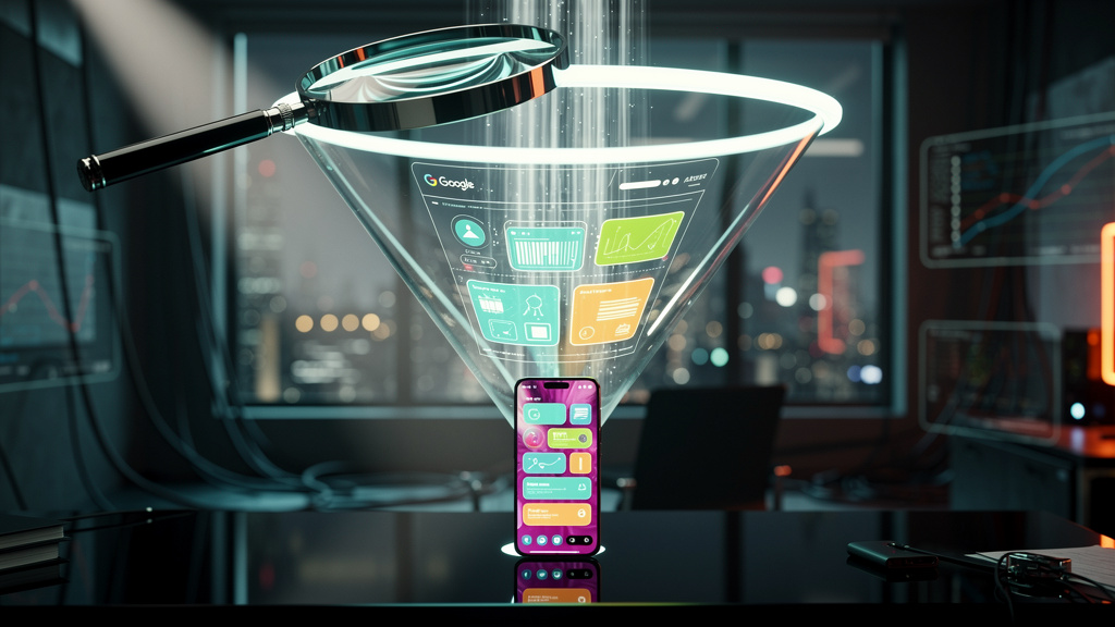 ChatGPT Search SEO: Domine o Google com Conteúdo Zero-Click — Ilustração digital de um funil de busca invertido. No topo, uma lupa representando a busca do usuário. No meio, um painel do Google AI Ove