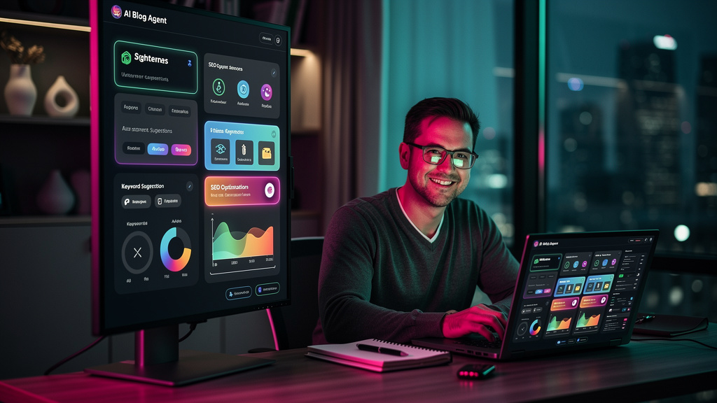 ChatGPT Search SEO: Inbound Marketing para B2B — Um redator trabalhando em um artigo em seu laptop. Ao lado dele, uma tela exibe a interface do Agente AI de Blog da Toolzz, mostrando sugestões de pala