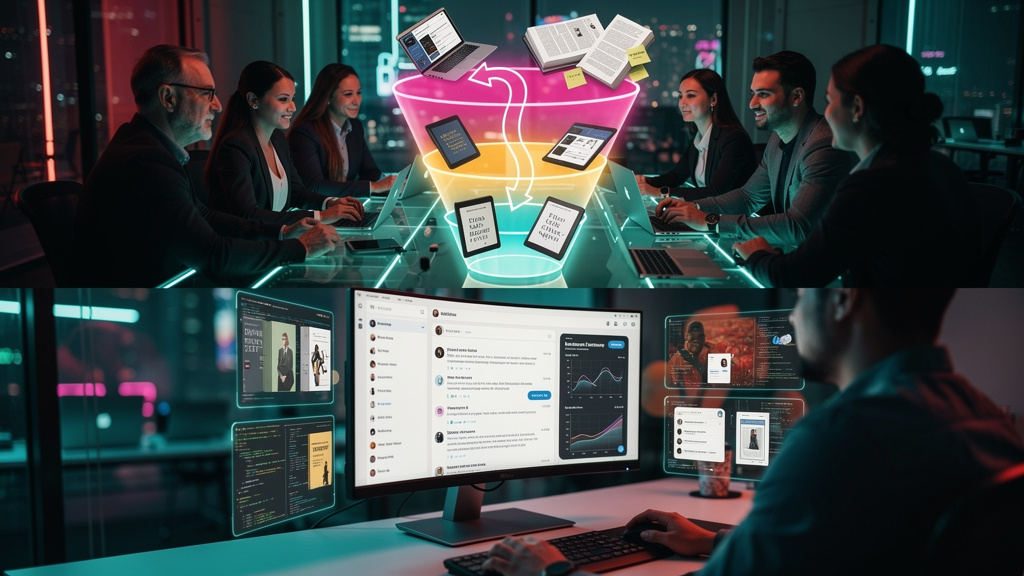 ChatGPT Search SEO: Inbound Marketing para TI com IA — Diagrama visual do funil de conteúdo (ToFu, MoFu, BoFu) para inbound marketing. Cada etapa do funil é representada por um ícone distinto e colori