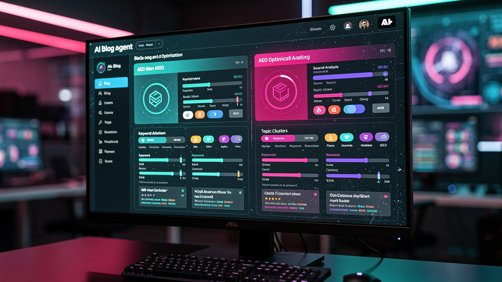 ChatGPT Search SEO: Toolzz vs. Longshot AI – Qual a melhor opção? — Um close-up de uma tela de computador mostrando o painel de controle do Agente AI de Blog da Toolzz. A interface é limpa e intuitiva