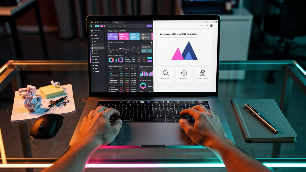 ChatGPT Search SEO: Toolzz vs. Ubersuggest – Qual a Melhor Opção? — Overhead view of two hands working on a split-screen: one side displays the Ubersuggest interface with cluttered data, the other sho