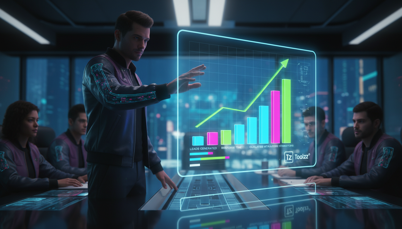 Checklist avançado de 7 passos para Agente IA Social Media — Um executivo em uma sala de reunião moderna, gesticulando para um gráfico de barras que mostra um aumento significativo no engajamento em r