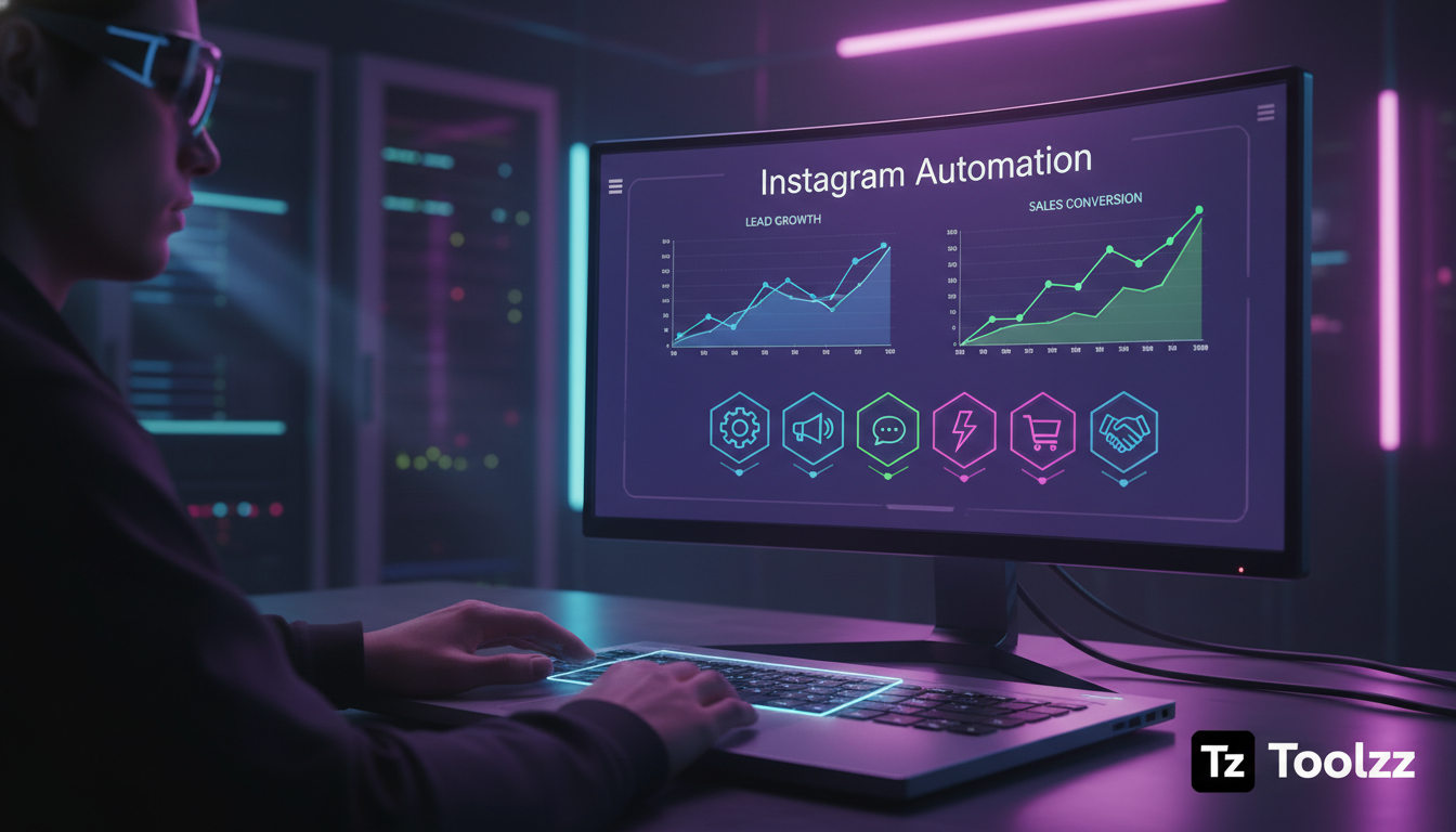 Checklist avançado de 7 passos para automação no Instagram — Uma pessoa analisando um painel de controle de automação do Instagram em um laptop. O painel mostra gráficos de crescimento de leads e vend