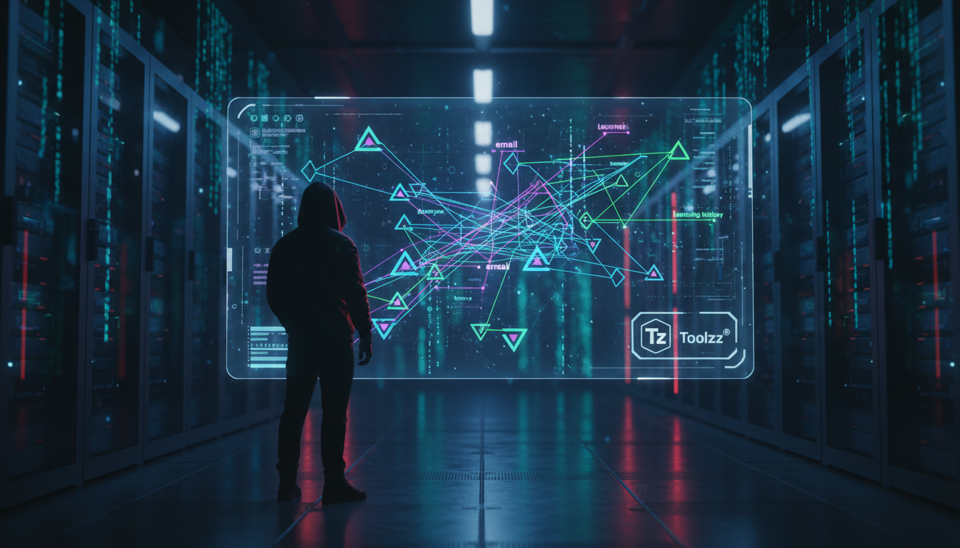 Checklist avançado de 7 passos para LGPD Compliance em LXP — Um diagrama de rede complexo, visualizado em uma tela holográfica dentro de uma sala de servidores. Cada nó da rede representa um tipo de d