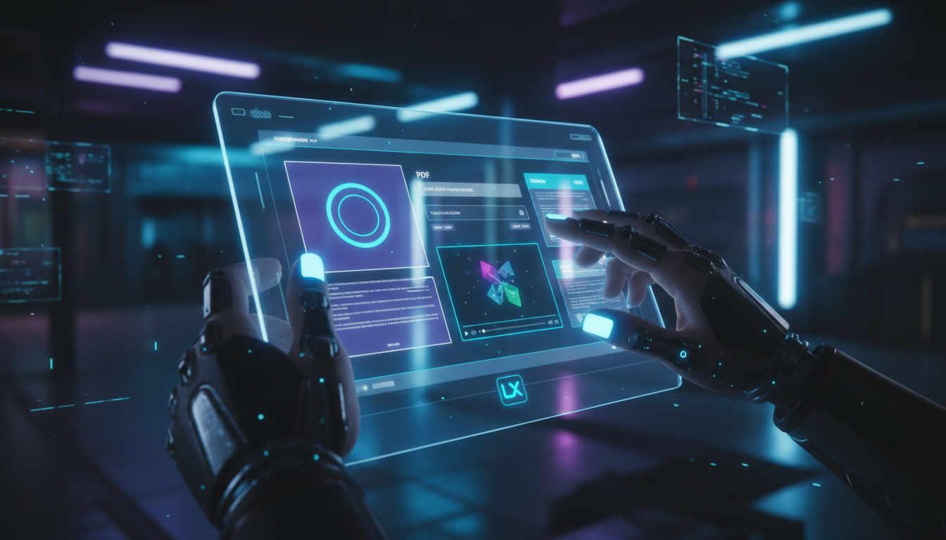 Checklist Avançado de 7 Passos para PDFs Interativos em LXP — Close-up de mãos interagindo com um tablet que exibe um PDF interativo. O PDF contém elementos como botões clicáveis, campos de texto pree